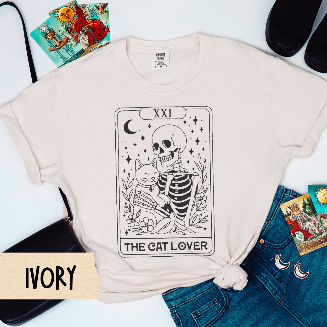 Cat Tarot Shirt, The Cat Lover Skeleton Tee, Comfort Colors Witchy Cat Shirt, Spooky Cat Mom Gift, Gothic Cat Lover Shirt