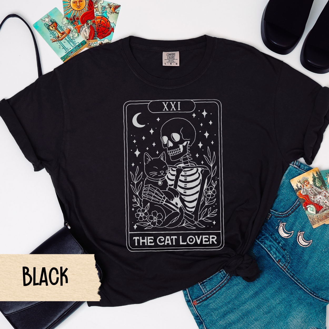 Cat Tarot Shirt, The Cat Lover Skeleton Tee, Comfort Colors Witchy Cat Shirt, Spooky Cat Mom Gift, Gothic Cat Lover Shirt