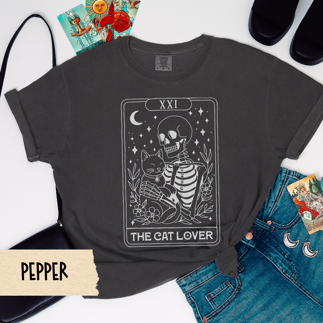 Cat Tarot Shirt, The Cat Lover Skeleton Tee, Comfort Colors Witchy Cat Shirt, Spooky Cat Mom Gift, Gothic Cat Lover Shirt