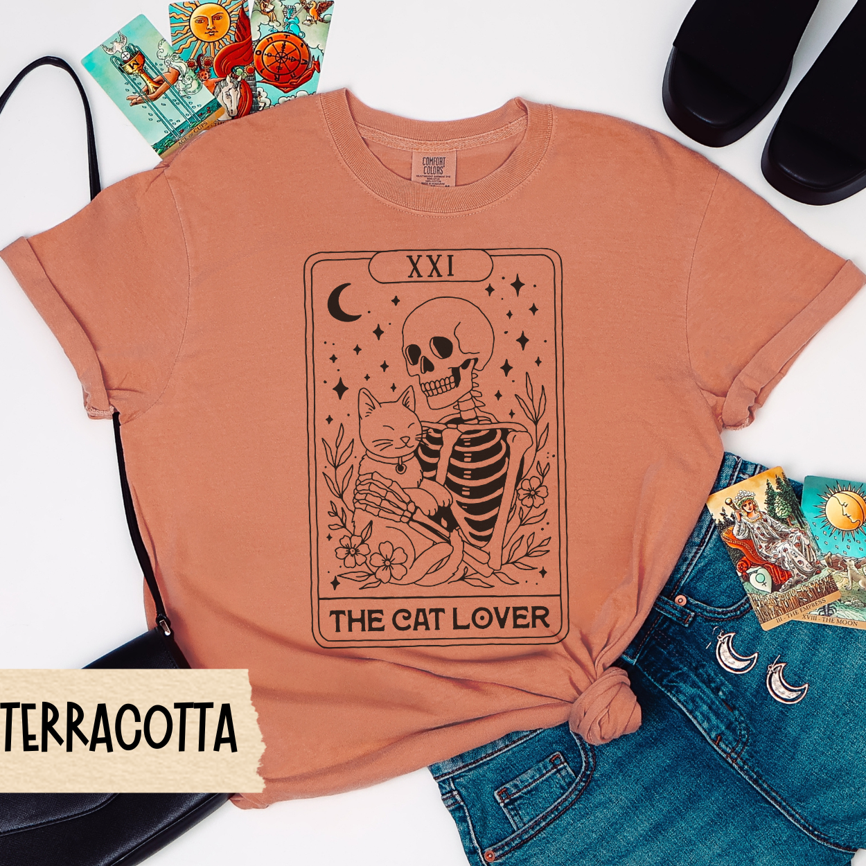 Cat Tarot Shirt, The Cat Lover Skeleton Tee, Comfort Colors Witchy Cat Shirt, Spooky Cat Mom Gift, Gothic Cat Lover Shirt