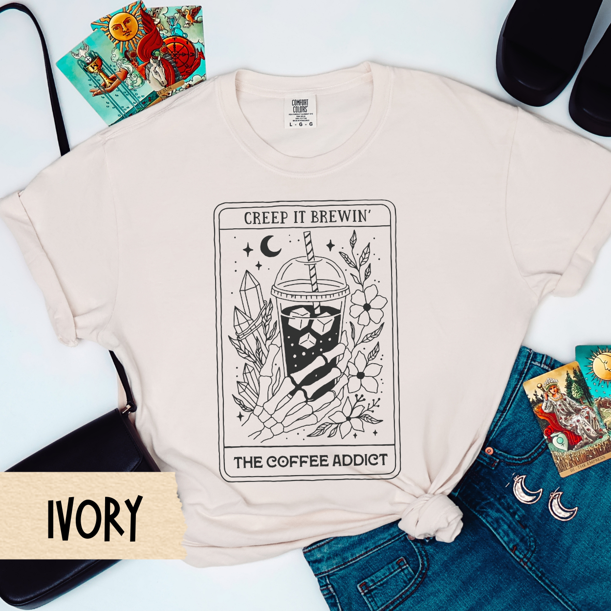 Coffee Skeleton Shirt, Creep It Brewin Tarot Tee, Iced Coffee Witch Shirt, The Coffee Addict Comfort Colors Tee, Spooky Coffee Lover Gift