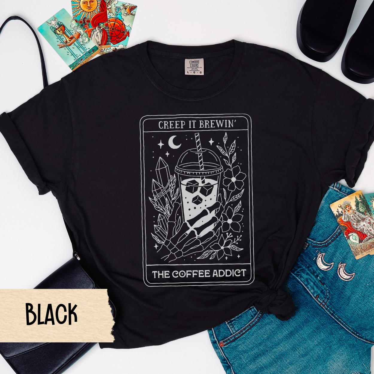 Coffee Skeleton Shirt, Creep It Brewin Tarot Tee, Iced Coffee Witch Shirt, The Coffee Addict Comfort Colors Tee, Spooky Coffee Lover Gift