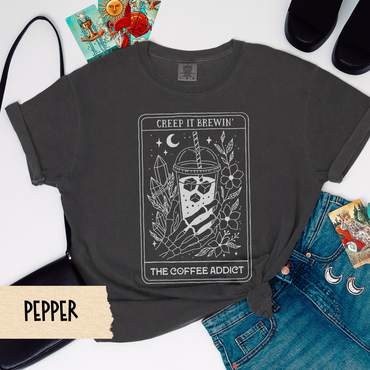 Coffee Skeleton Shirt, Creep It Brewin Tarot Tee, Iced Coffee Witch Shirt, The Coffee Addict Comfort Colors Tee, Spooky Coffee Lover Gift