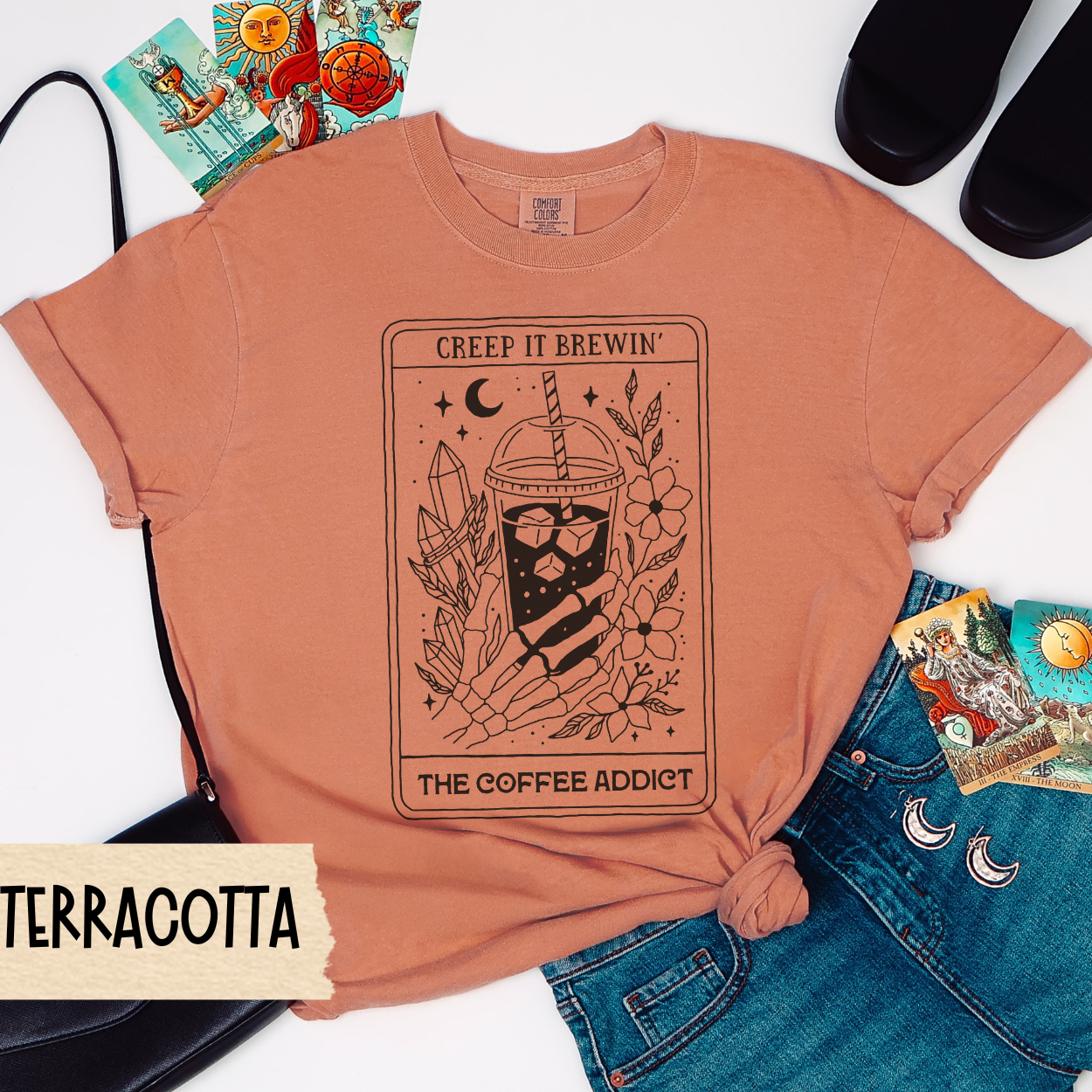 Coffee Skeleton Shirt, Creep It Brewin Tarot Tee, Iced Coffee Witch Shirt, The Coffee Addict Comfort Colors Tee, Spooky Coffee Lover Gift