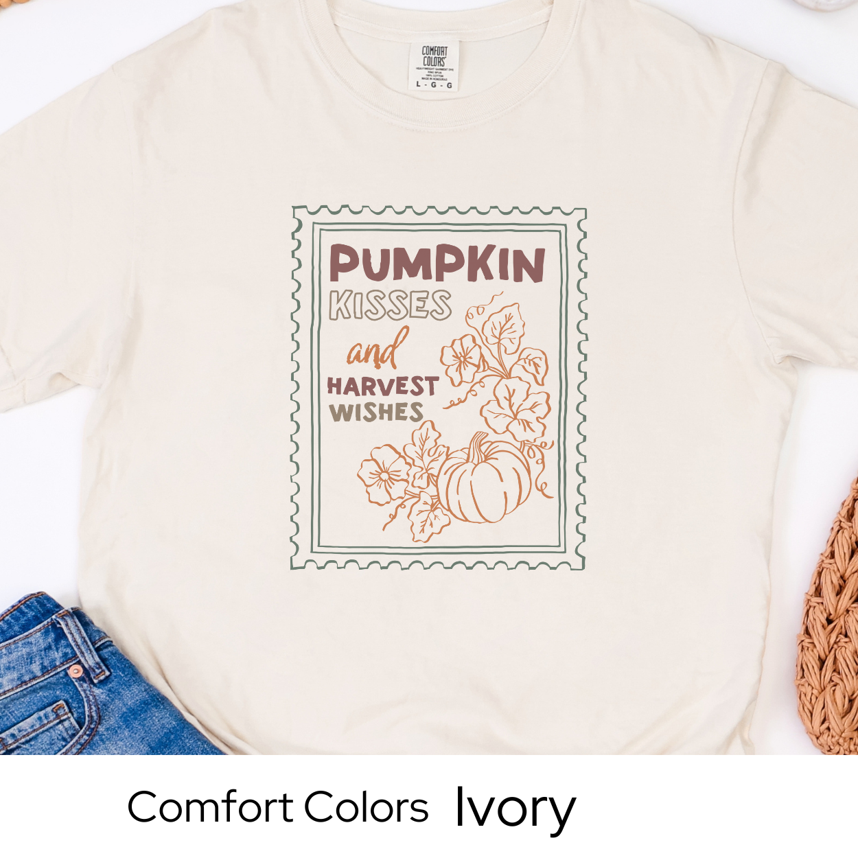 Pumpkin Kisses Fall Shirt, Comfort Colors Tee, Harvest Season Graphic T-Shirt, Retro Stamp Design, Cute Autumn Shirt for Women, Cozy Top
