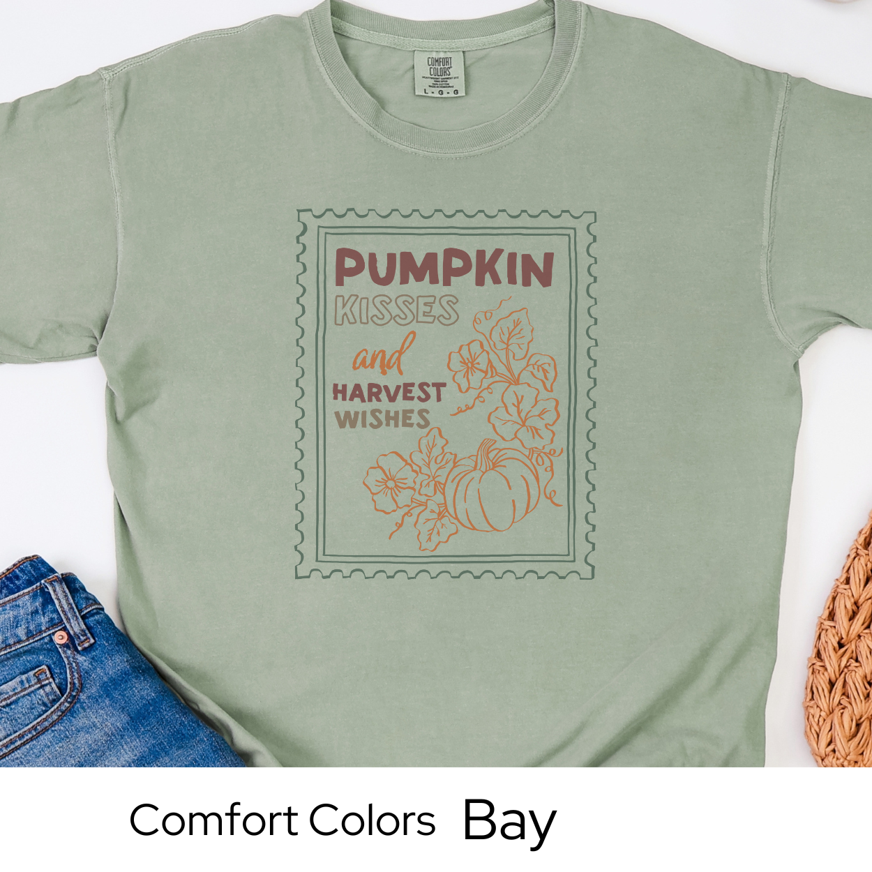 Pumpkin Kisses Fall Shirt, Comfort Colors Tee, Harvest Season Graphic T-Shirt, Retro Stamp Design, Cute Autumn Shirt for Women, Cozy Top