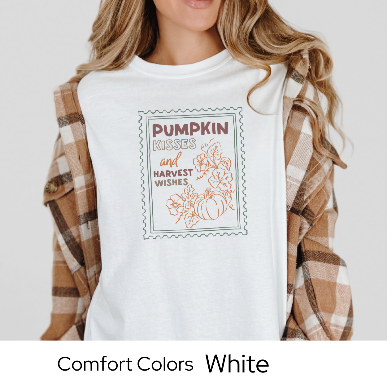 Pumpkin Kisses Fall Shirt, Comfort Colors Tee, Harvest Season Graphic T-Shirt, Retro Stamp Design, Cute Autumn Shirt for Women, Cozy Top