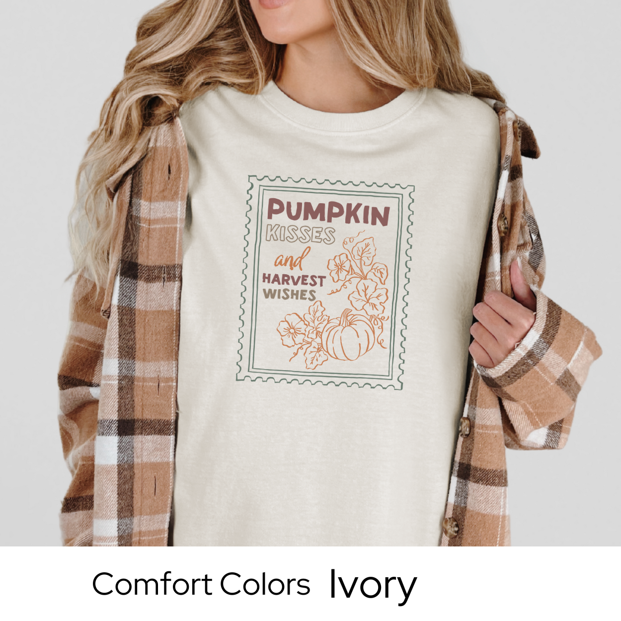 Pumpkin Kisses Fall Shirt, Comfort Colors Tee, Harvest Season Graphic T-Shirt, Retro Stamp Design, Cute Autumn Shirt for Women, Cozy Top