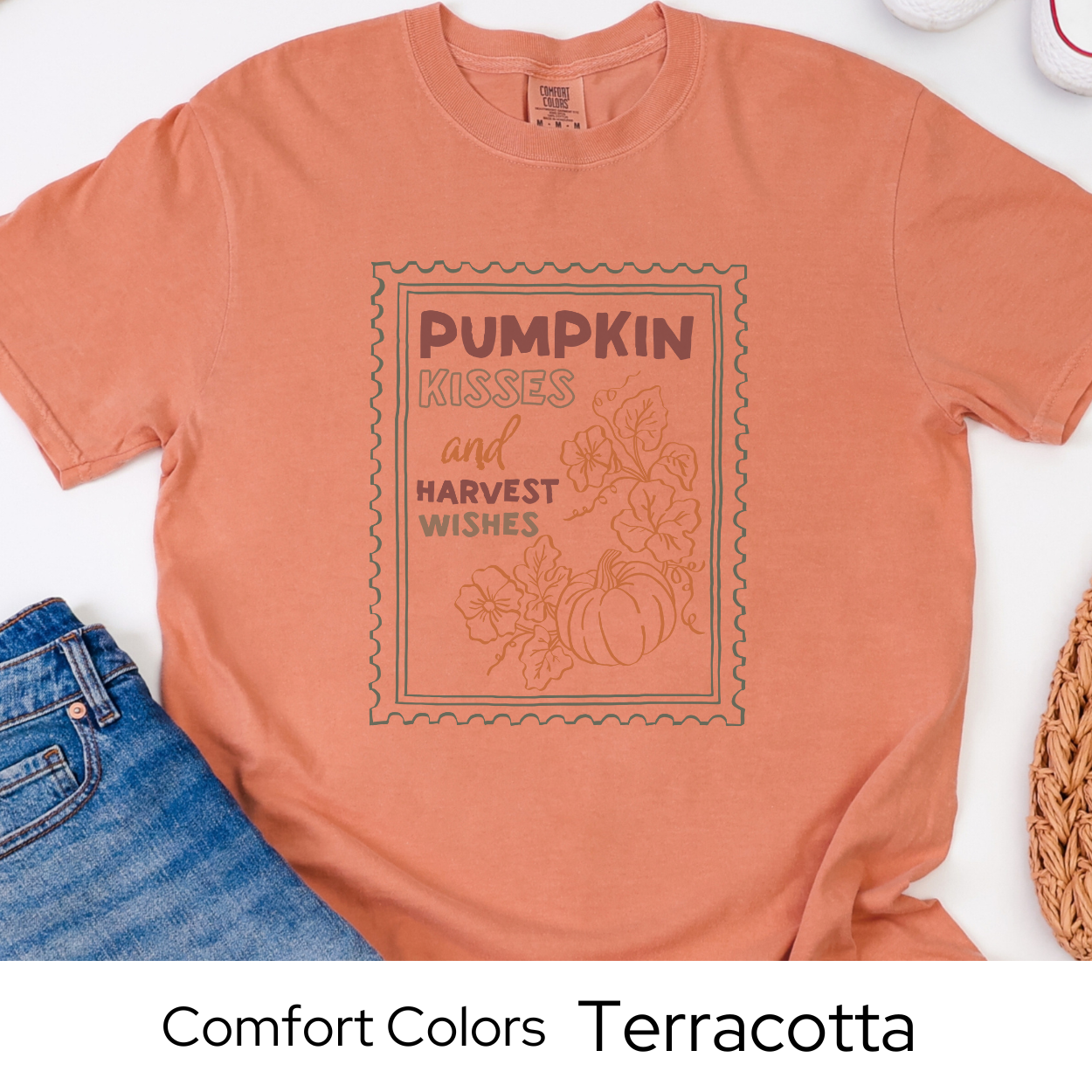 Pumpkin Kisses Fall Shirt, Comfort Colors Tee, Harvest Season Graphic T-Shirt, Retro Stamp Design, Cute Autumn Shirt for Women, Cozy Top
