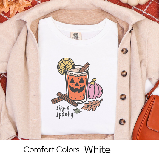 Sippin Spooky Shirt, Halloween Cocktail Tee, Fall Drink Graphic Shirt, White Comfort Colors, Spooky Season Outfit, Autumn Party Top