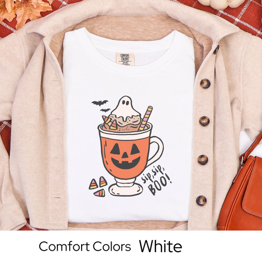 Spooky Season Shirt, Coffee Lover Halloween Tee, Cute Fall Outfit, White Comfort Colors, Pumpkin Mug Top, Autumn Cozy Gift