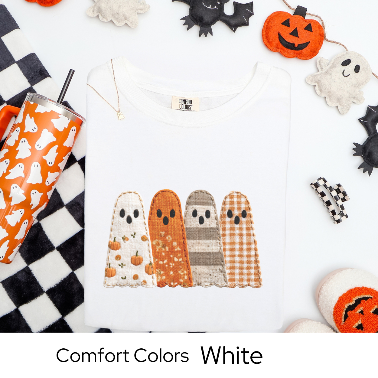 Fall Patchwork Ghost T-Shirt, Comfort Colors Halloween Tee, Autumn Ghost Shirt, Cute Spooky Season Top, Fall Graphic Clothing