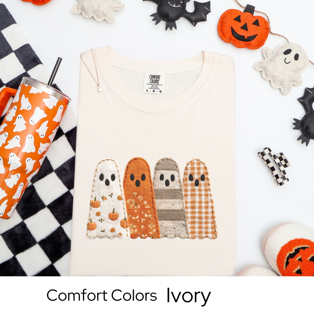 Fall Patchwork Ghost T-Shirt, Comfort Colors Halloween Tee, Autumn Ghost Shirt, Cute Spooky Season Top, Fall Graphic Clothing