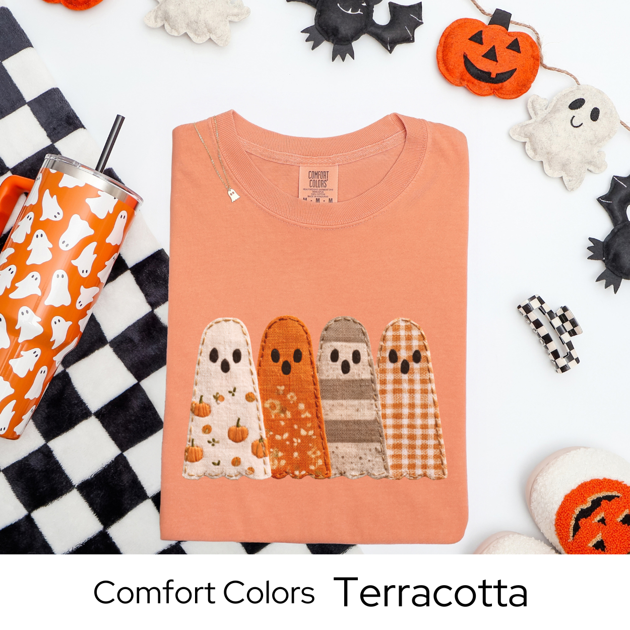 Fall Patchwork Ghost T-Shirt, Comfort Colors Halloween Tee, Autumn Ghost Shirt, Cute Spooky Season Top, Fall Graphic Clothing
