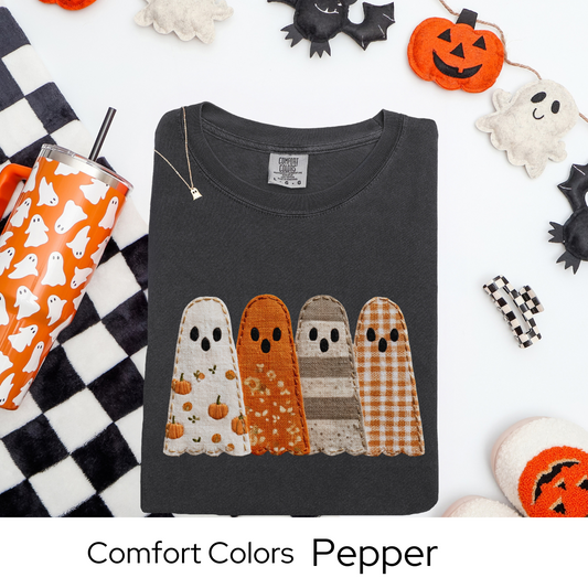 Fall Patchwork Ghost T-Shirt, Comfort Colors Halloween Tee, Autumn Ghost Shirt, Cute Spooky Season Top, Fall Graphic Clothing, Faux Embroidery
