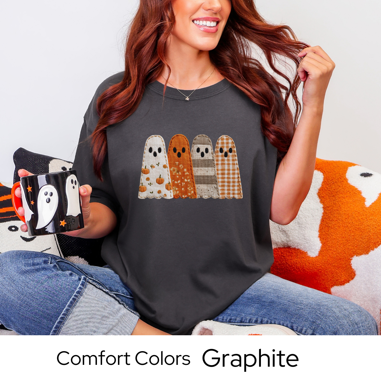 Fall Patchwork Ghost T-Shirt, Comfort Colors Halloween Tee, Autumn Ghost Shirt, Cute Spooky Season Top, Fall Graphic Clothing