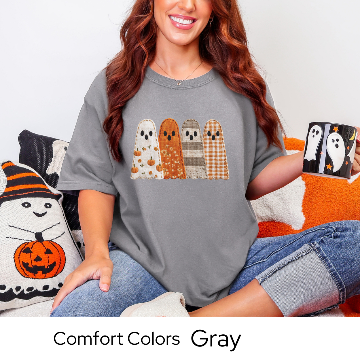 Fall Patchwork Ghost T-Shirt, Comfort Colors Halloween Tee, Autumn Ghost Shirt, Cute Spooky Season Top, Fall Graphic Clothing