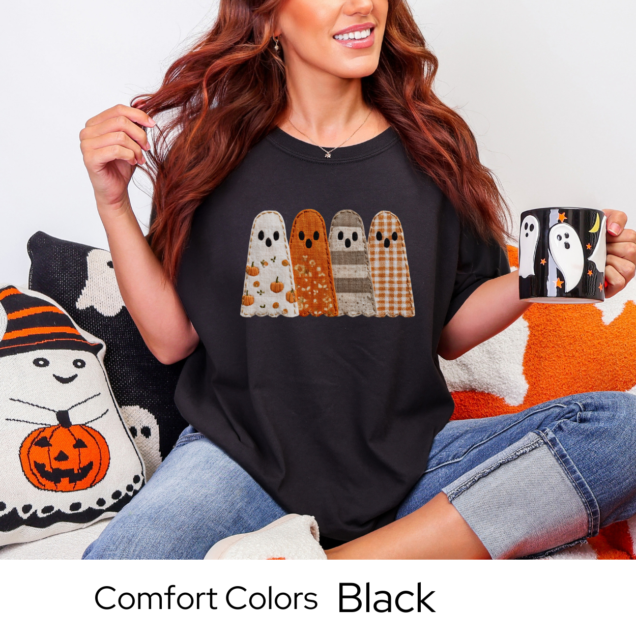Fall Patchwork Ghost T-Shirt, Comfort Colors Halloween Tee, Autumn Ghost Shirt, Cute Spooky Season Top, Fall Graphic Clothing