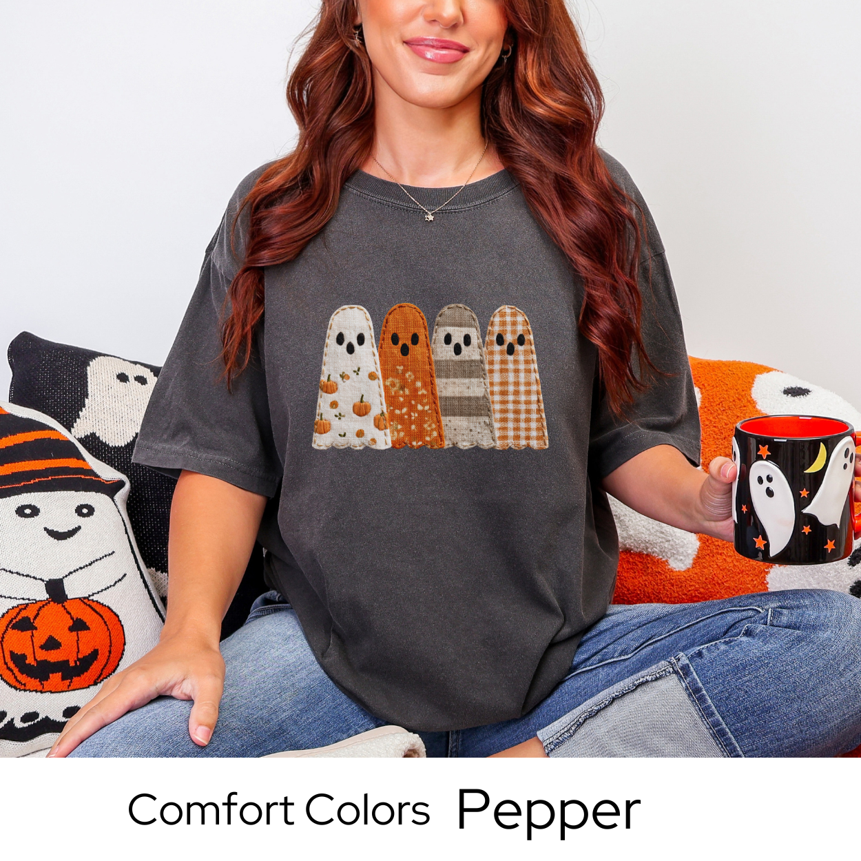 Fall Patchwork Ghost T-Shirt, Comfort Colors Halloween Tee, Autumn Ghost Shirt, Cute Spooky Season Top, Fall Graphic Clothing