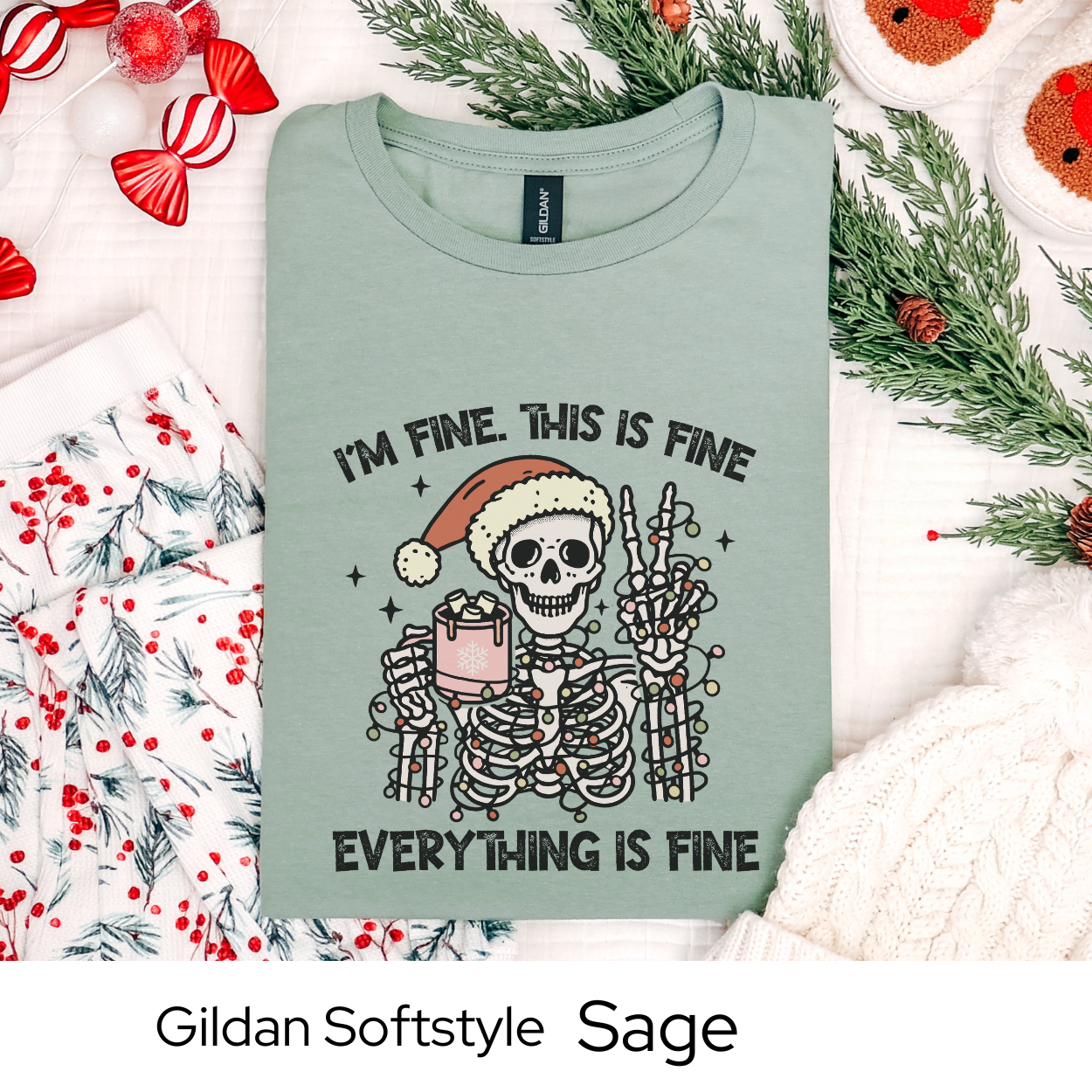Im Fine Skeleton Christmas Shirt, Funny Holiday Graphic Tee for Men Women Teens, Spooky Xmas Party Outfit, Alternative Gift Idea