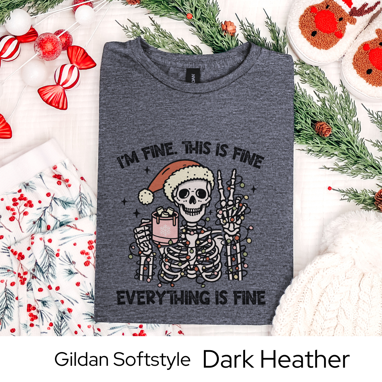 Im Fine Skeleton Christmas Shirt, Funny Holiday Graphic Tee for Men Women Teens, Spooky Xmas Party Outfit, Alternative Gift Idea