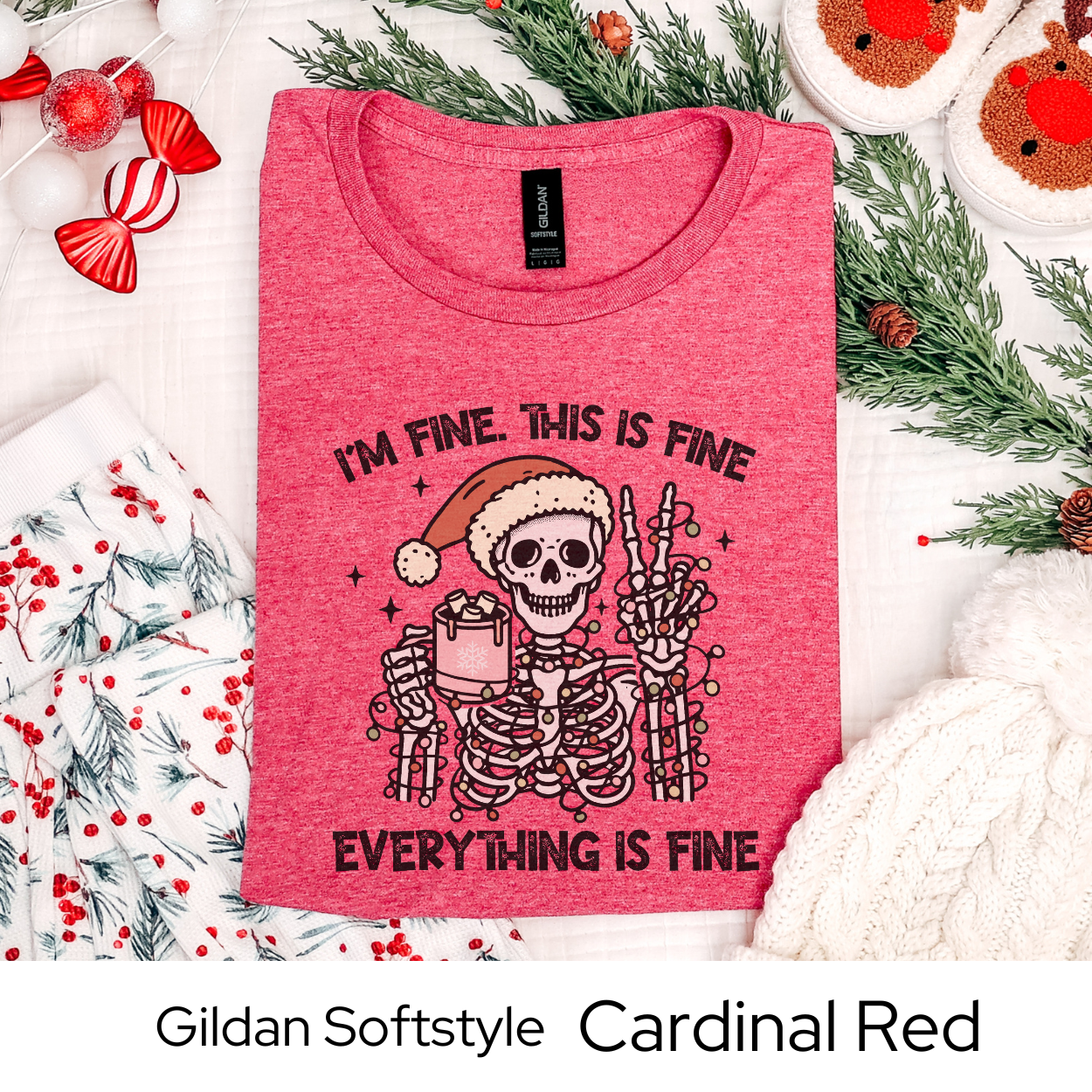Im Fine Skeleton Christmas Shirt, Funny Holiday Graphic Tee for Men Women Teens, Spooky Xmas Party Outfit, Alternative Gift Idea