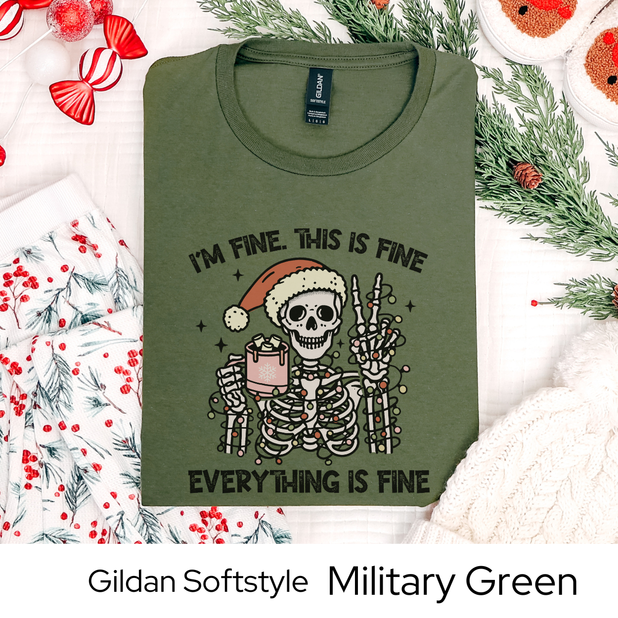 Im Fine Skeleton Christmas Shirt, Funny Holiday Graphic Tee for Men Women Teens, Spooky Xmas Party Outfit, Alternative Gift Idea
