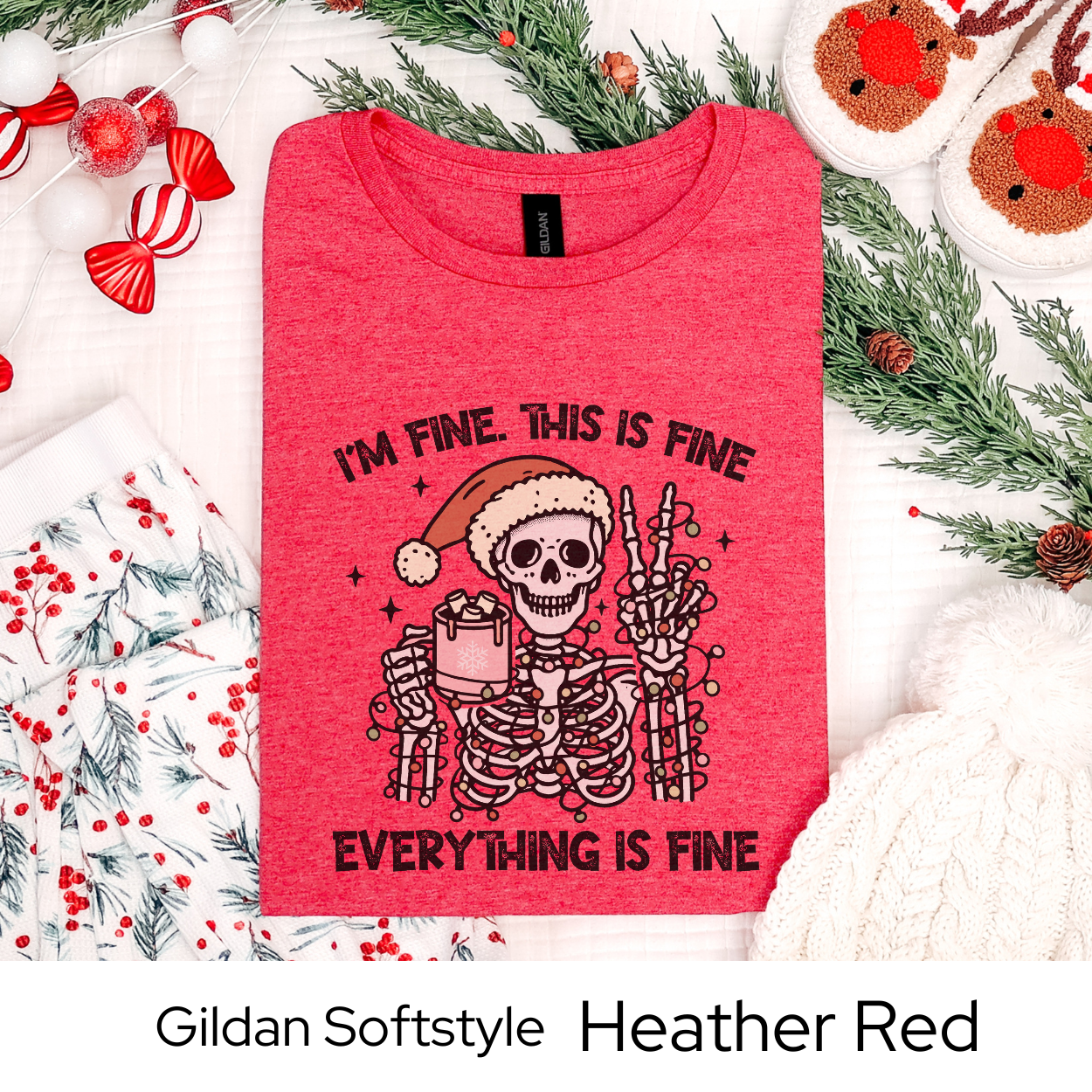 Im Fine Skeleton Christmas Shirt, Funny Holiday Graphic Tee for Men Women Teens, Spooky Xmas Party Outfit, Alternative Gift Idea