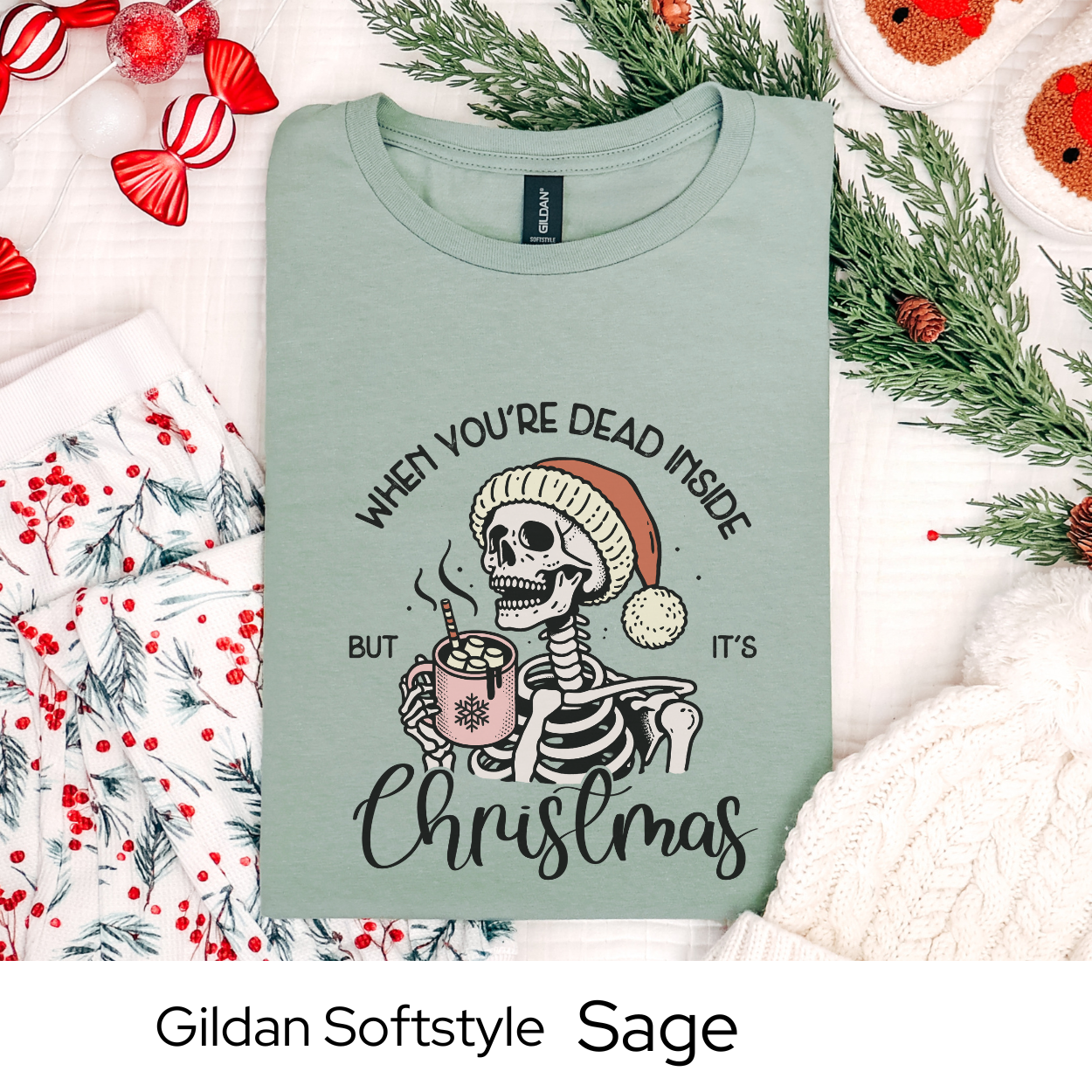 Christmas Skeleton Shirt, Funny Holiday Graphic Tee for Men Women Teens, Spooky Xmas Gift, Dead Inside But Christmas Party Outfit