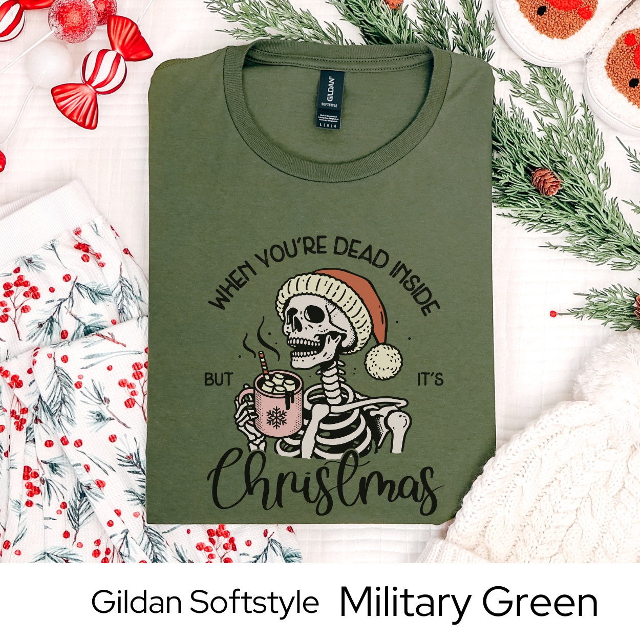 Christmas Skeleton Shirt, Funny Holiday Graphic Tee for Men Women Teens, Spooky Xmas Gift, Dead Inside But Christmas Party Outfit