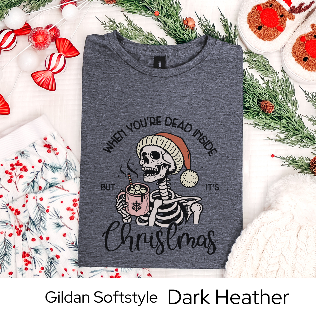 Christmas Skeleton Shirt, Funny Holiday Graphic Tee for Men Women Teens, Spooky Xmas Gift, Dead Inside But Christmas Party Outfit