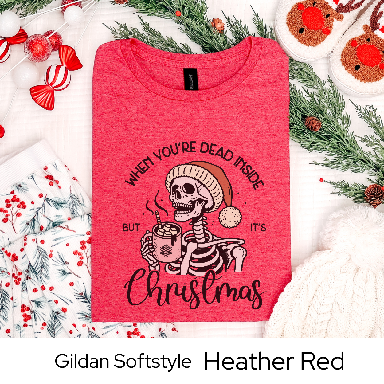 Christmas Skeleton Shirt, Funny Holiday Graphic Tee for Men Women Teens, Spooky Xmas Gift, Dead Inside But Christmas Party Outfit