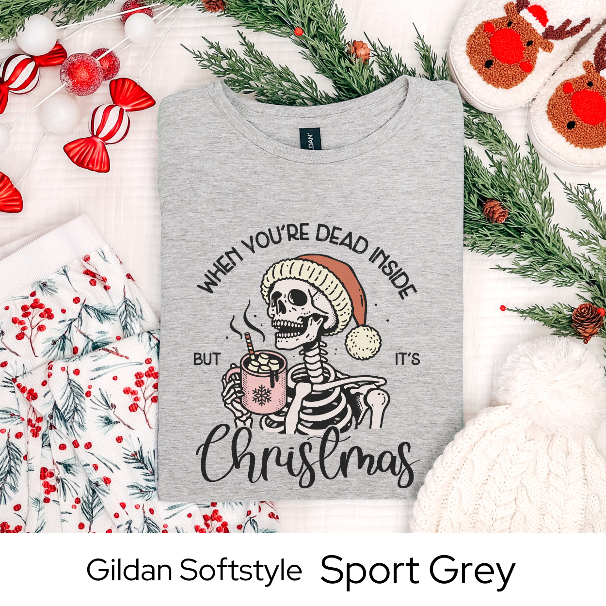 Christmas Skeleton Shirt, Funny Holiday Graphic Tee for Men Women Teens, Spooky Xmas Gift, Dead Inside But Christmas Party Outfit