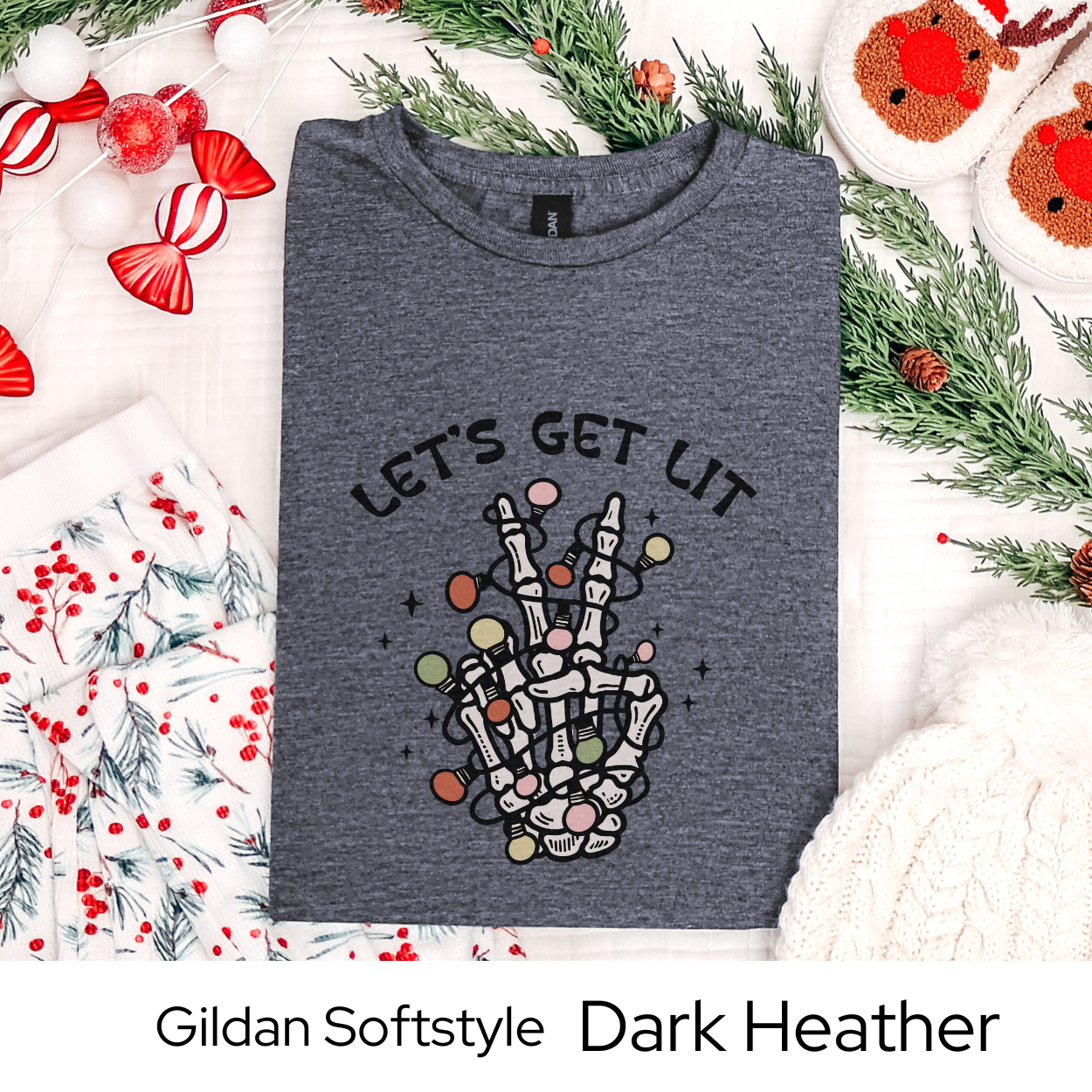 Lets Get Lit Skeleton Shirt, Funny Christmas Graphic Tee for Men Women Teens, Spooky Holiday Party Outfit, Unique Xmas Gift Idea
