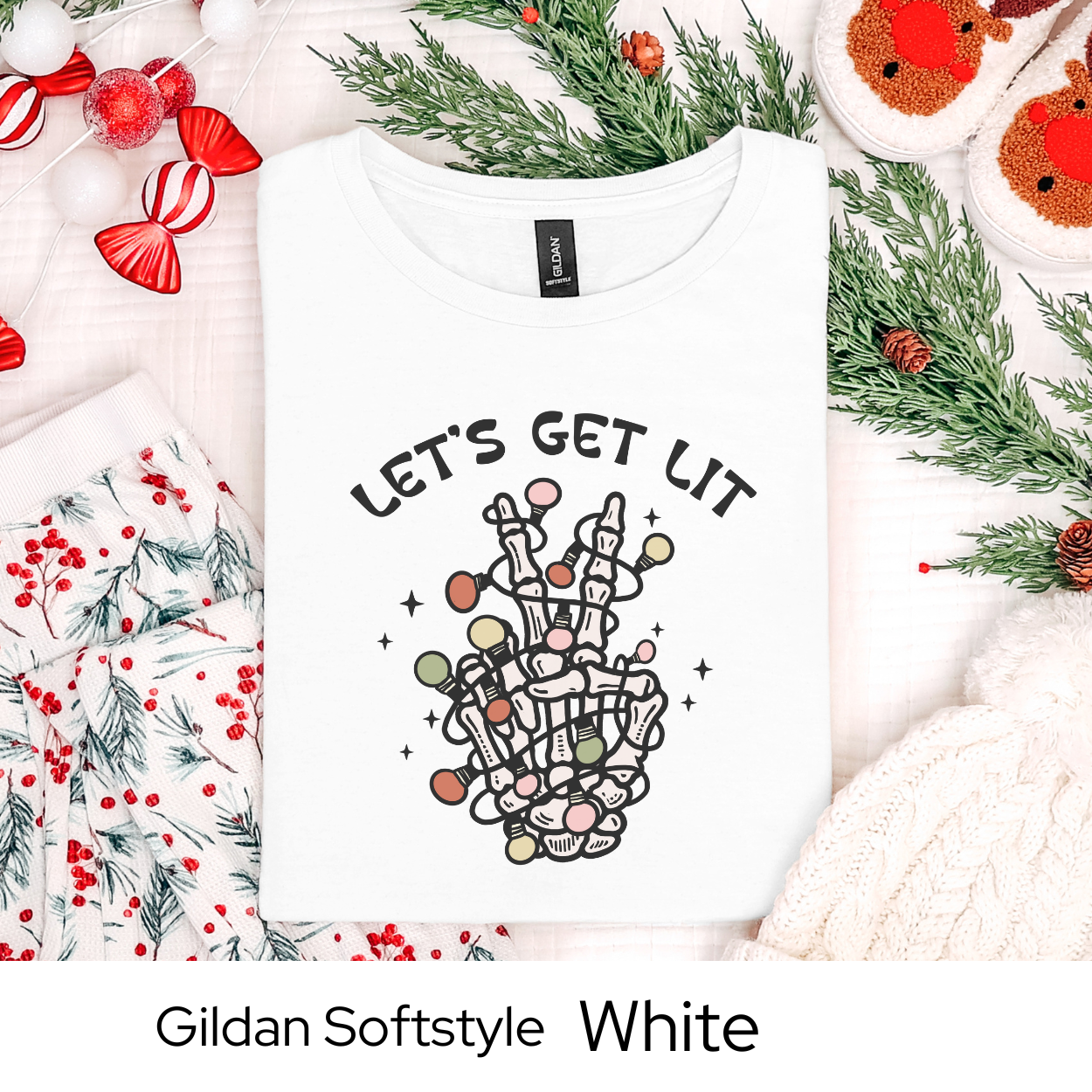 Lets Get Lit Skeleton Shirt, Funny Christmas Graphic Tee for Men Women Teens, Spooky Holiday Party Outfit, Unique Xmas Gift Idea