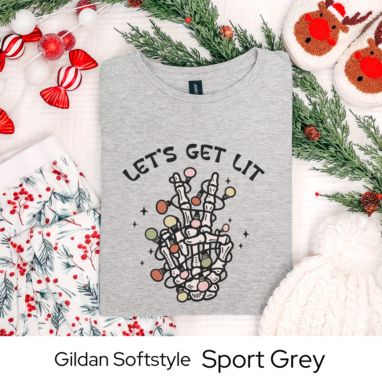 Lets Get Lit Skeleton Shirt, Funny Christmas Graphic Tee for Men Women Teens, Spooky Holiday Party Outfit, Unique Xmas Gift Idea