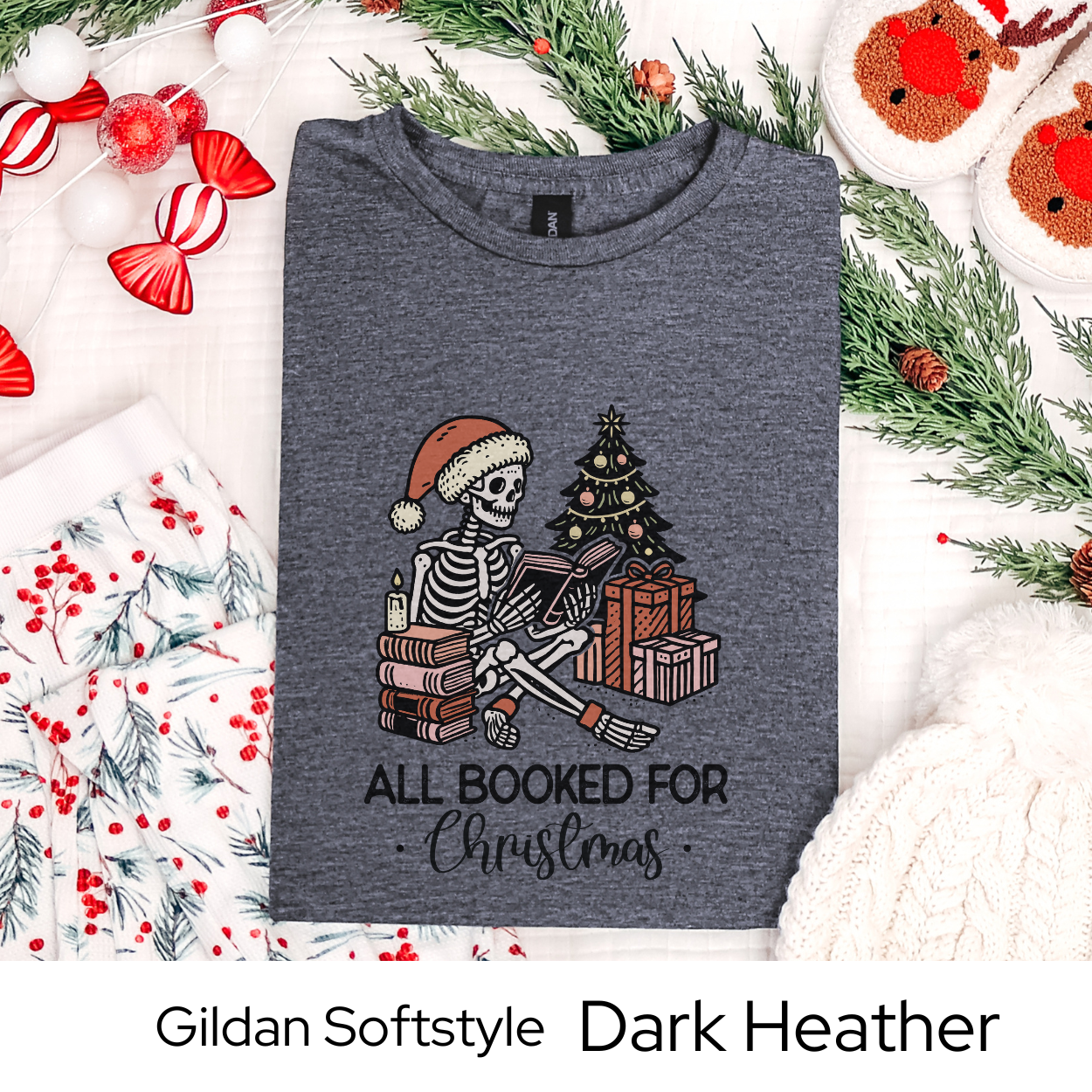 All Booked for Christmas Skeleton Shirt, Funny Holiday Graphic Tee for Book Lovers, Spooky Xmas Gift Idea, Unique Reader Outfit