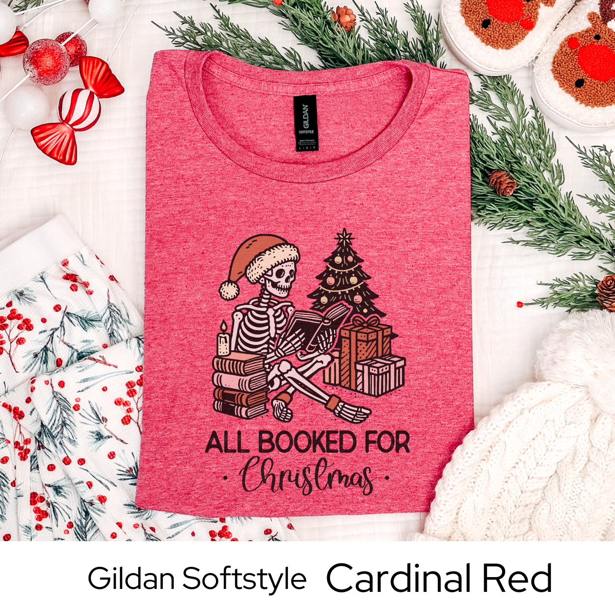 All Booked for Christmas Skeleton Shirt, Funny Holiday Graphic Tee for Book Lovers, Spooky Xmas Gift Idea, Unique Reader Outfit