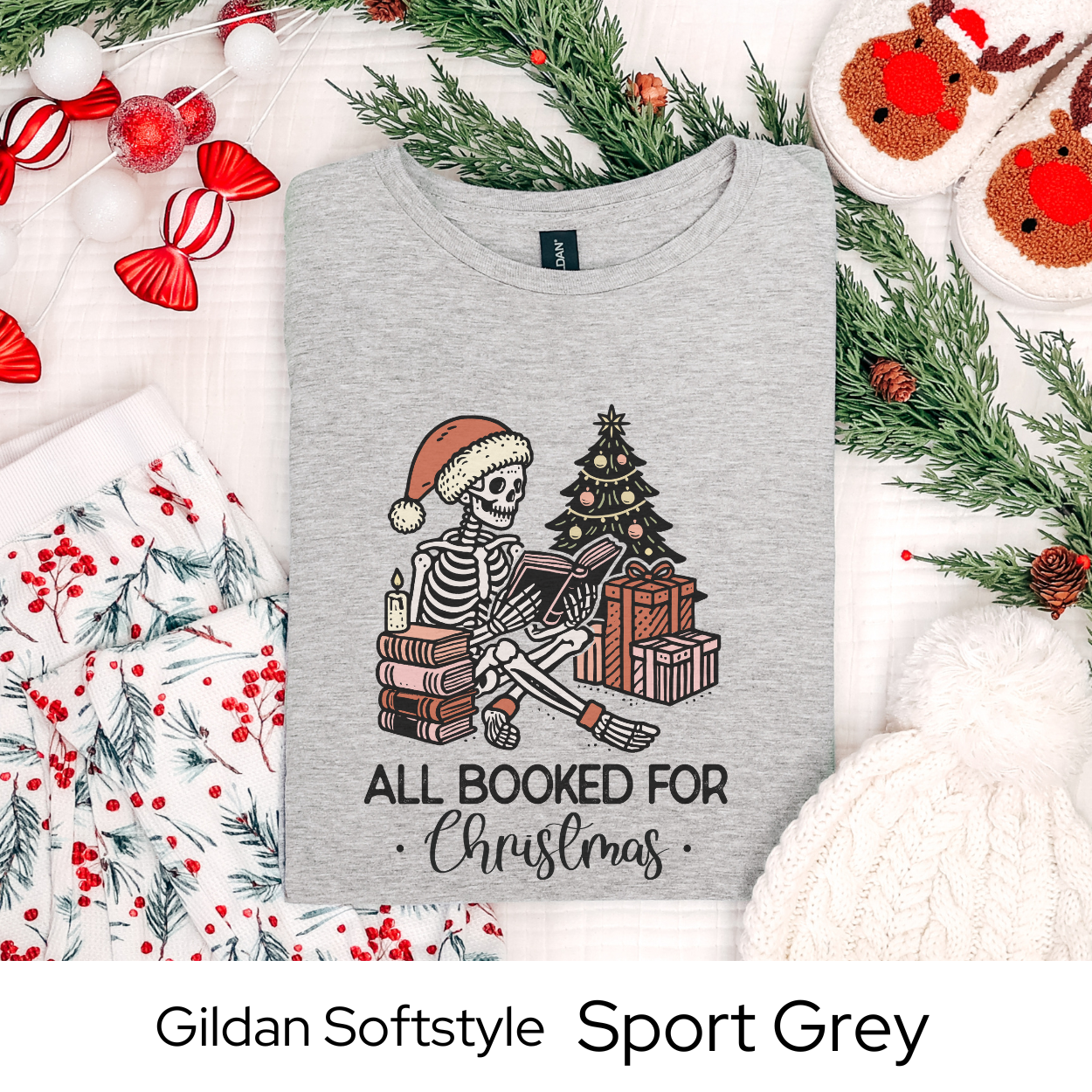 All Booked for Christmas Skeleton Shirt, Funny Holiday Graphic Tee for Book Lovers, Spooky Xmas Gift Idea, Unique Reader Outfit