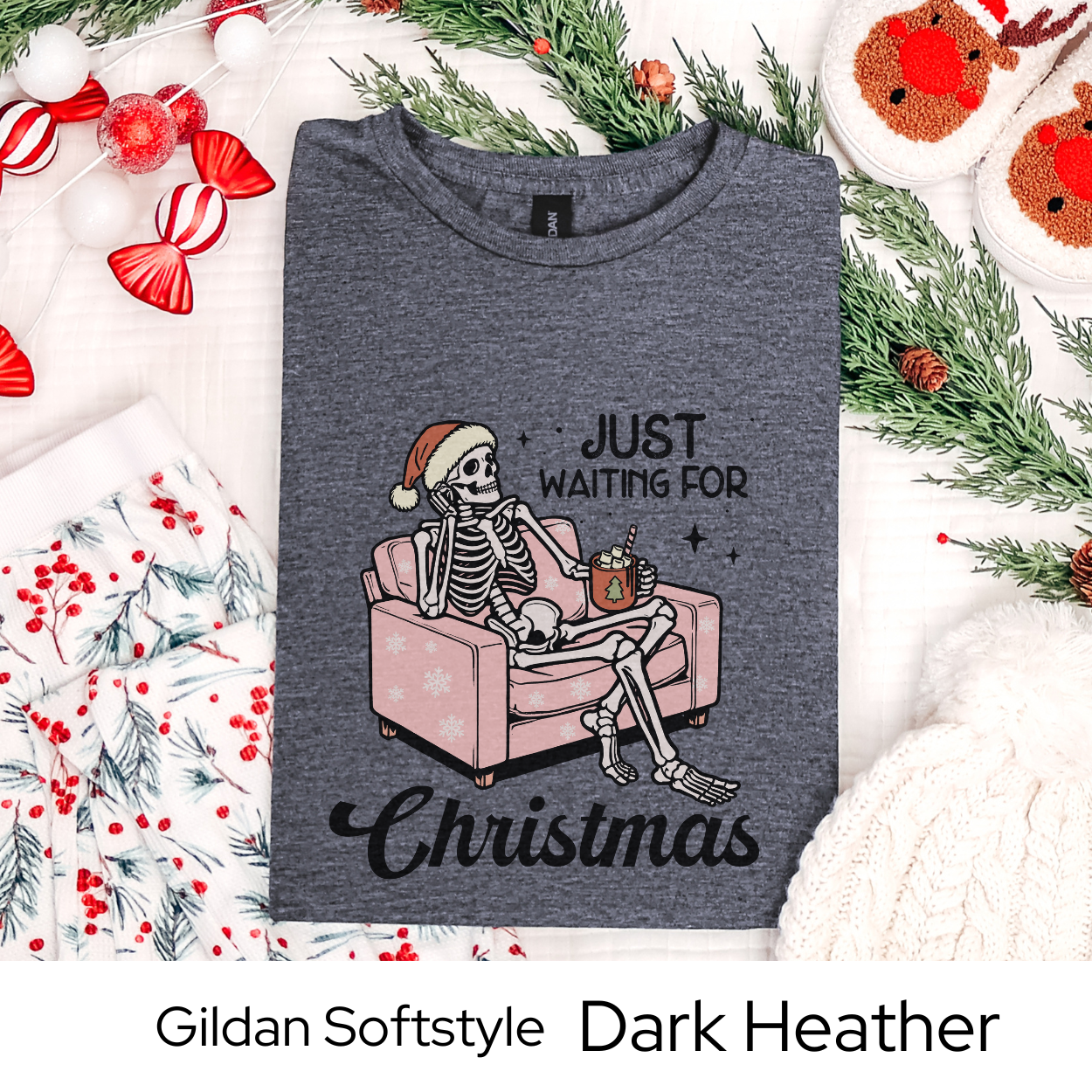 Just Waiting for Christmas Skeleton Shirt, Funny Holiday Graphic Tee for Men Women Teens, Spooky Xmas Party Outfit, Unique Gift Idea