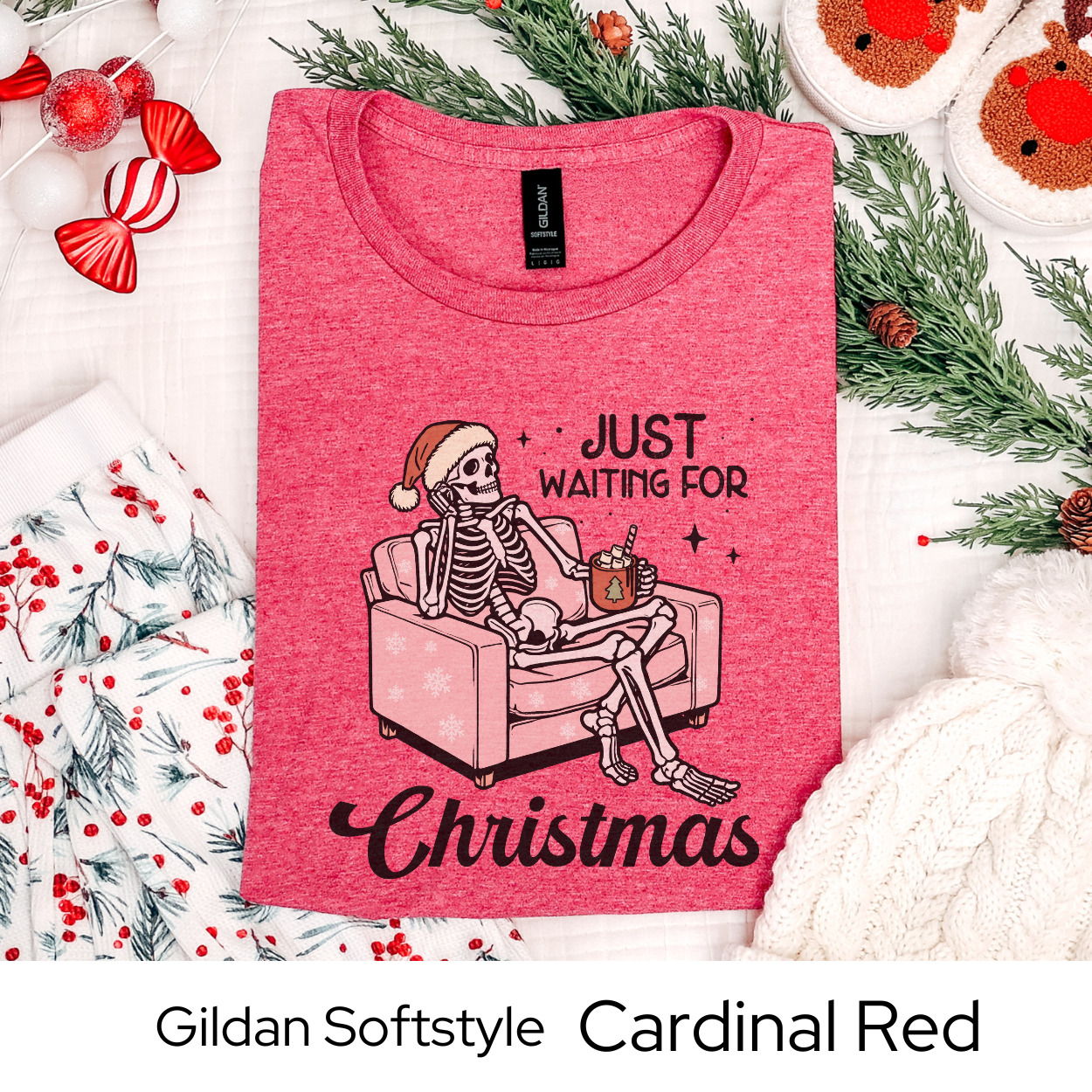 Just Waiting for Christmas Skeleton Shirt, Funny Holiday Graphic Tee for Men Women Teens, Spooky Xmas Party Outfit, Unique Gift Idea
