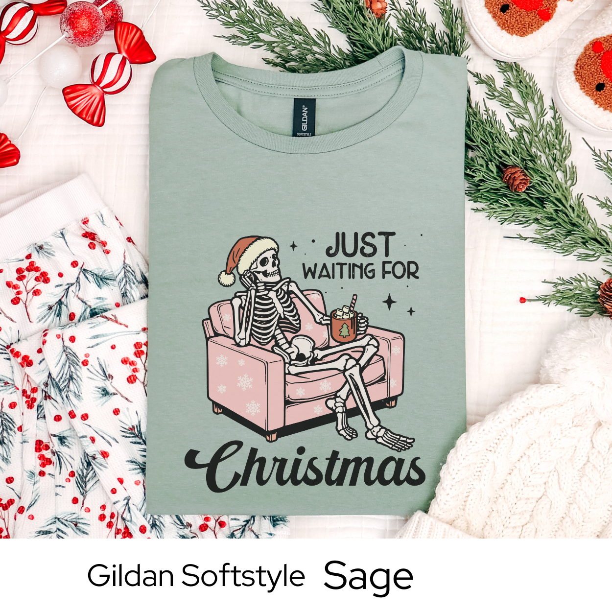 Just Waiting for Christmas Skeleton Shirt, Funny Holiday Graphic Tee for Men Women Teens, Spooky Xmas Party Outfit, Unique Gift Idea