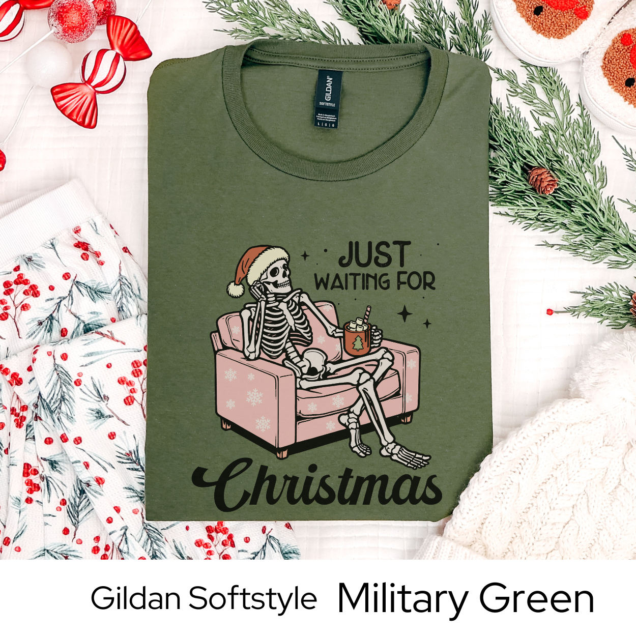 Just Waiting for Christmas Skeleton Shirt, Funny Holiday Graphic Tee for Men Women Teens, Spooky Xmas Party Outfit, Unique Gift Idea