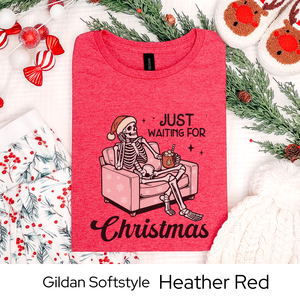 Just Waiting for Christmas Skeleton Shirt, Funny Holiday Graphic Tee for Men Women Teens, Spooky Xmas Party Outfit, Unique Gift Idea