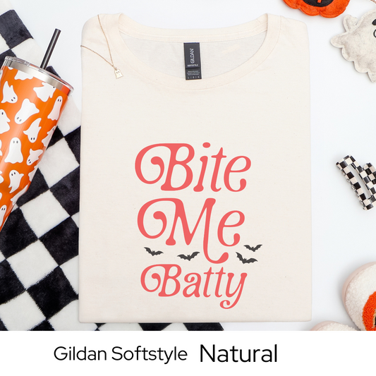 Bite Me Batty Halloween Shirt, Funny Vampire Bat Graphic Tee for Women, Spooky Season Top, Cute Trendy Fall Outfit Shirt
