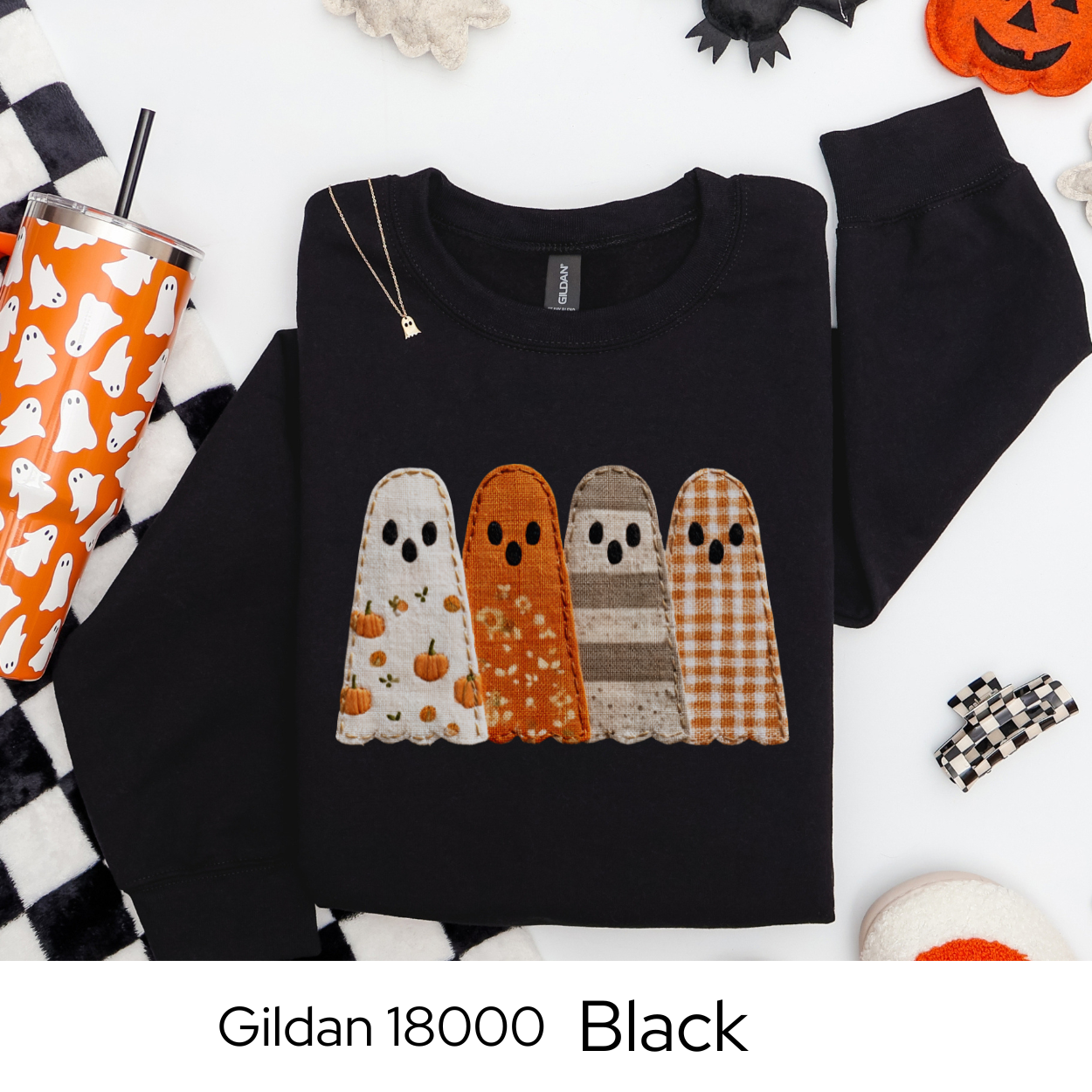 Fall Patchwork Ghost Sweatshirt, Cozy Halloween Crewneck, Faux Embroidery, Autumn Ghost Sweater for Women, Cute Spooky Season Pullover