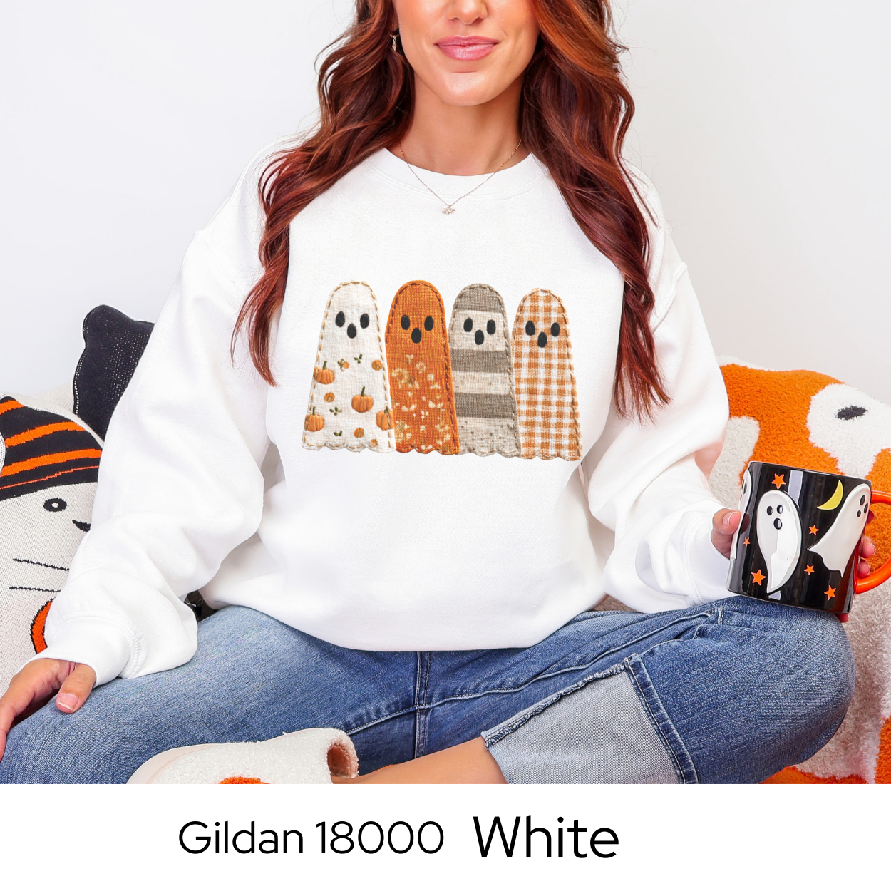 Fall Patchwork Ghost Sweatshirt, Cozy Halloween Crewneck, Faux Embroidery, Autumn Ghost Sweater for Women, Cute Spooky Season Pullover