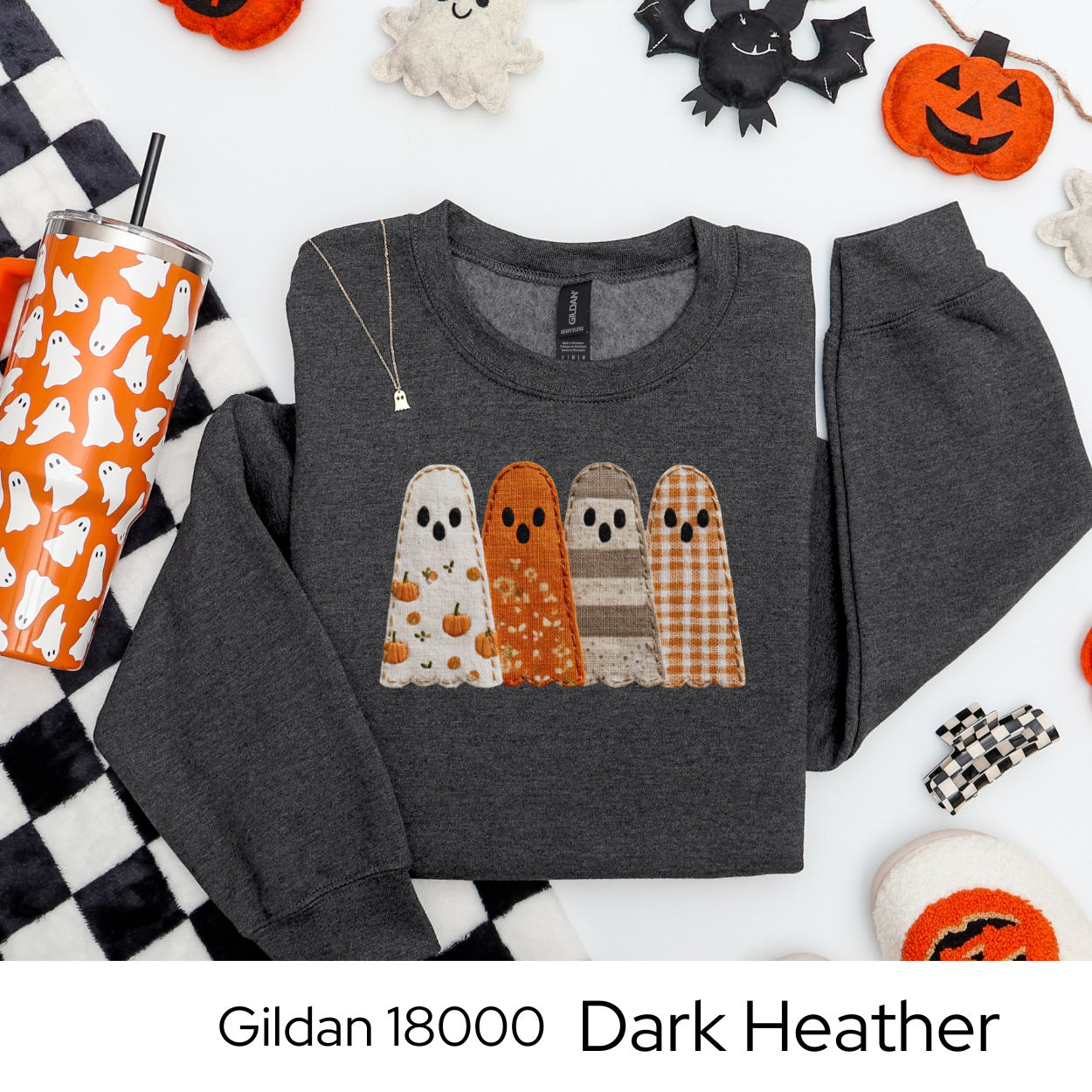 Fall Patchwork Ghost Sweatshirt, Cozy Halloween Crewneck, Faux Embroidery, Autumn Ghost Sweater for Women, Cute Spooky Season Pullover