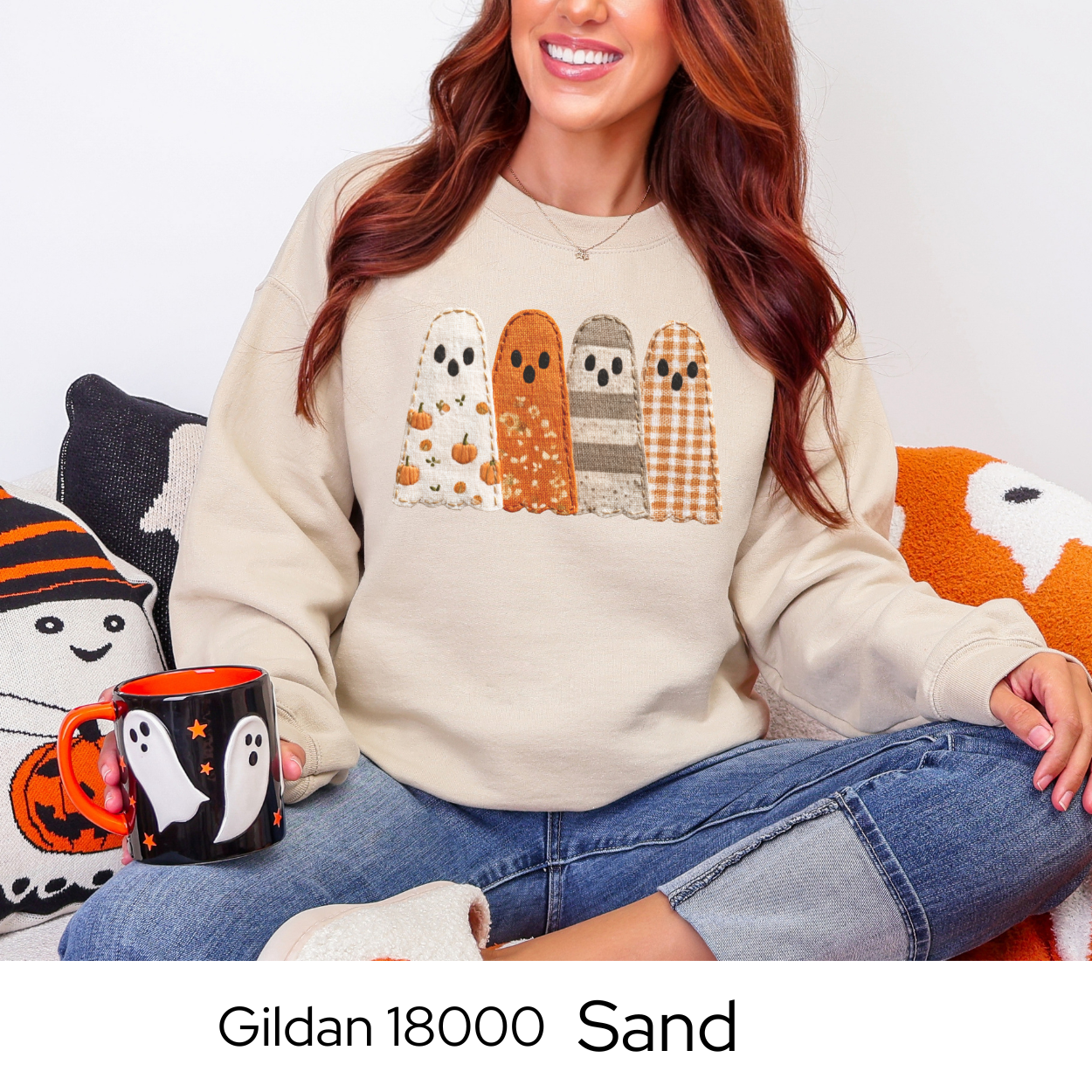 Fall Patchwork Ghost Sweatshirt, Cozy Halloween Crewneck, Faux Embroidery, Autumn Ghost Sweater for Women, Cute Spooky Season Pullover