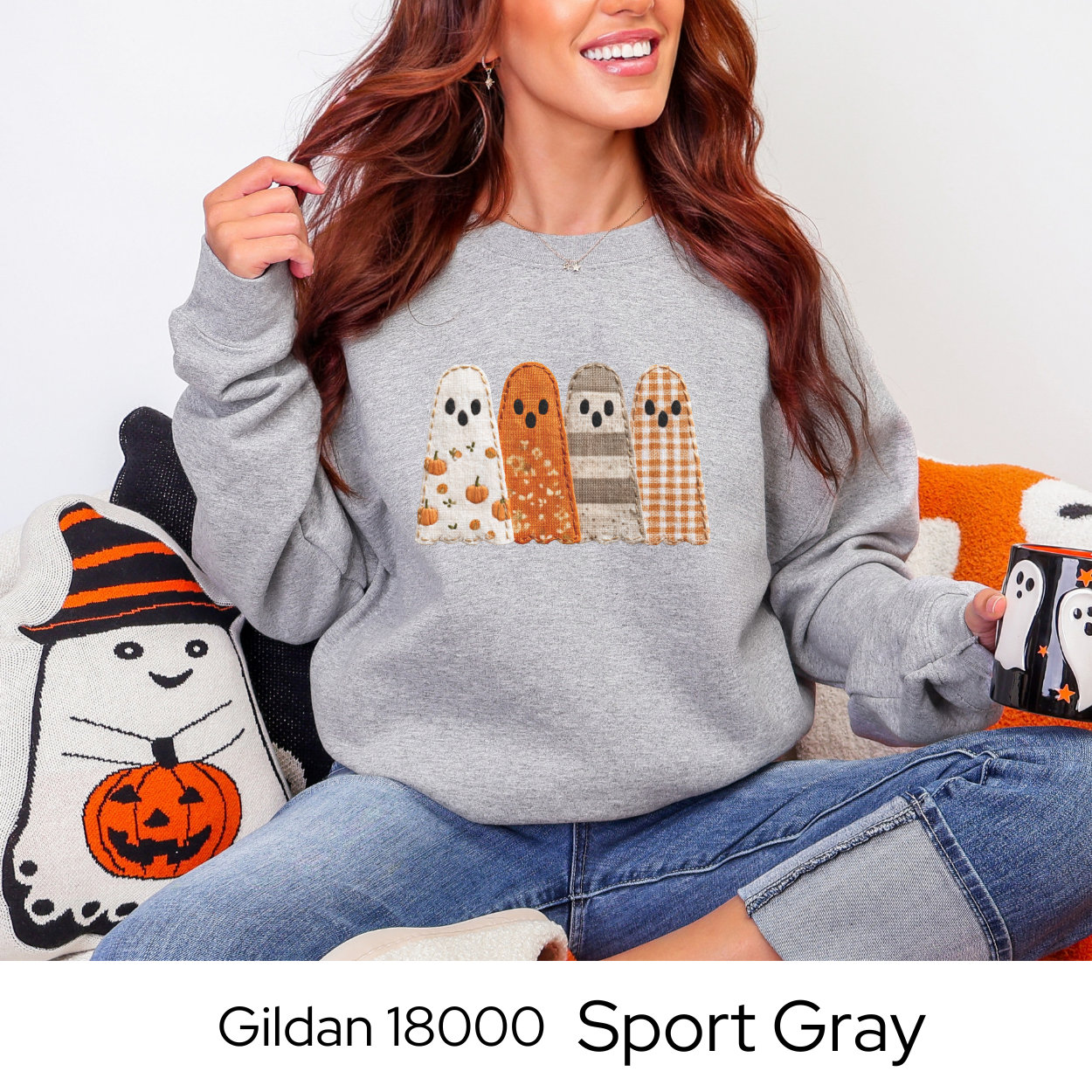 Fall Patchwork Ghost Sweatshirt, Cozy Halloween Crewneck, Faux Embroidery, Autumn Ghost Sweater for Women, Cute Spooky Season Pullover